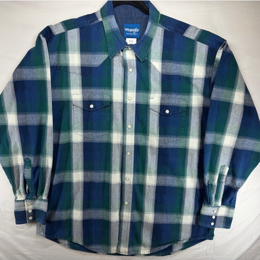 Wrangler Men’s XL Blue Green Plaid Pearl Snap Western Shirt